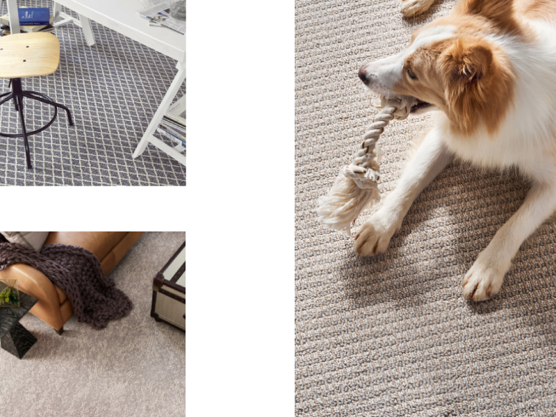 Three Images in a collage, each featuring carpet flooring in different rooms. The First image (Top Left) includes a stool and white table on Blue and white, square-patterned carpet.